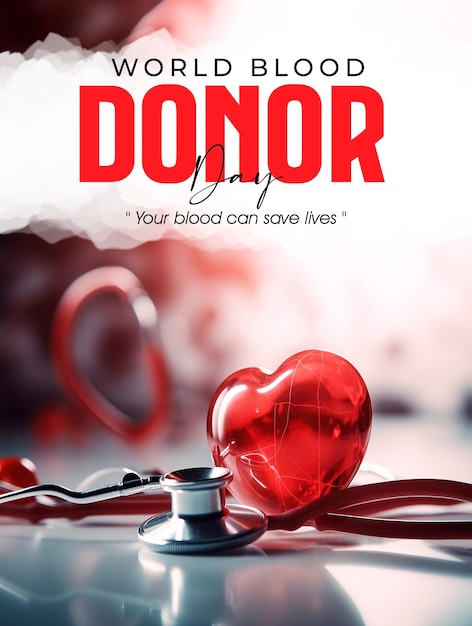 World blood donor day poster with red heart and stethoscope