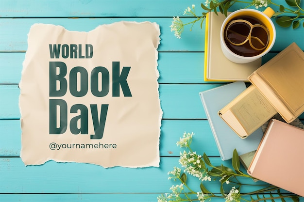 PSD world book day banner template with stock of books on minimalistic background