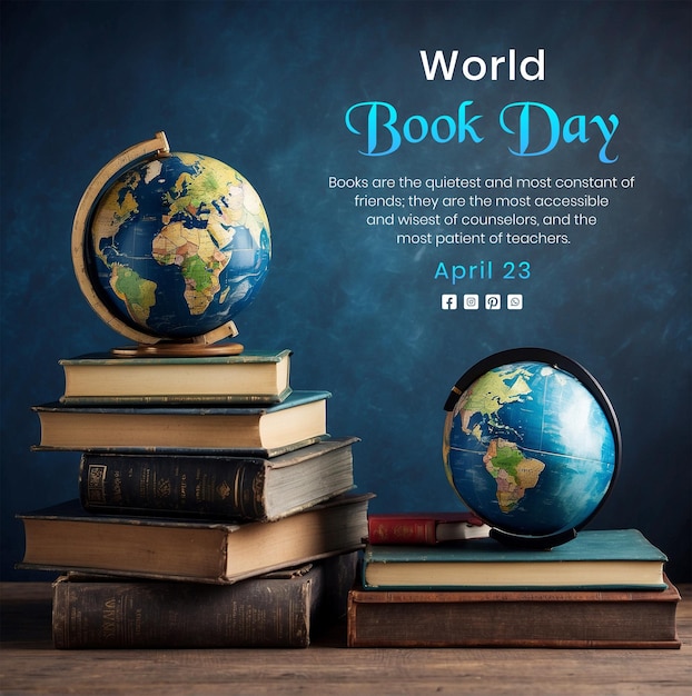 World Book Day concept books stack with earth model decoration on blue texture background