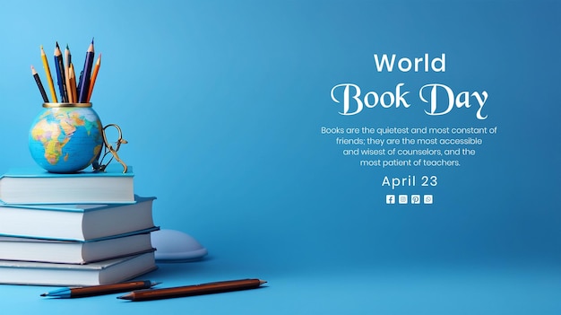 World Book Day concept books stack with earth model decoration on light blue background