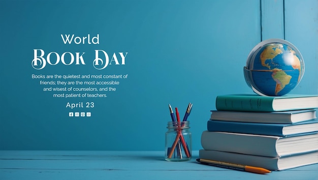 World Book Day concept books stack with earth model decoration on light blue background