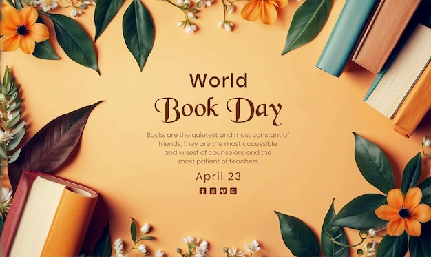 World Book Day concept books with leaves and flowers edge decoration on light orange background