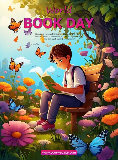 World Book Day concept A boy is sitting a flower garden and reading a book