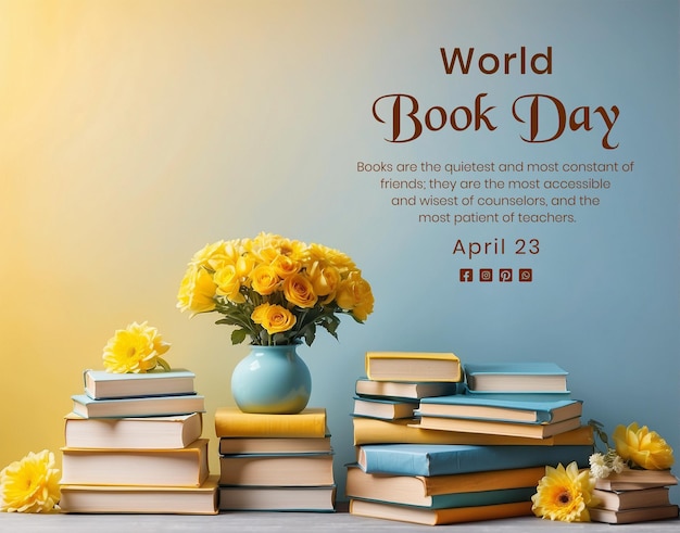 World Book Day concept different stacks of books on table with flower vase decoration