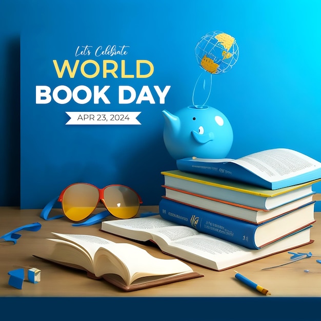 World Book Day social media post poster design with book background hyperrealistic