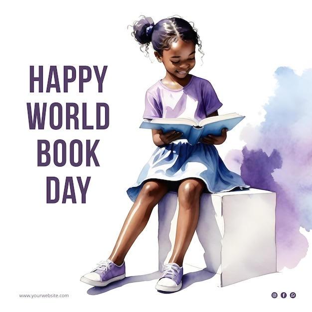 World Book Day social media post template with girl reading a book