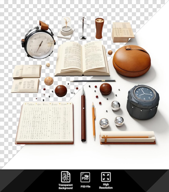 world braille day items including an open book black watch brown pen and transparent background are arranged on a transparent background alongside a black and white clock