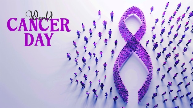 World cancer day concept poster design with large group of people form to create a purple ribbon