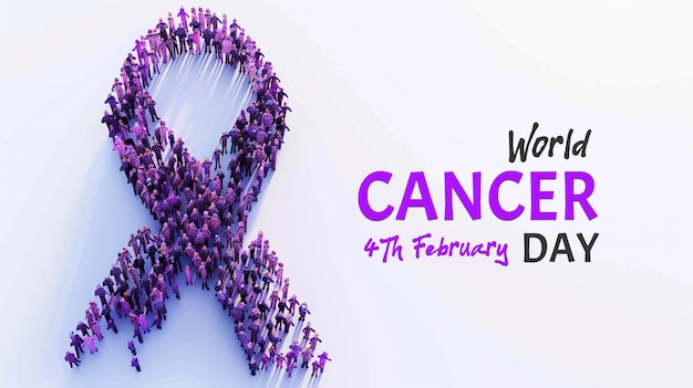 World cancer day concept poster design with large group of people form to create a purple ribbon