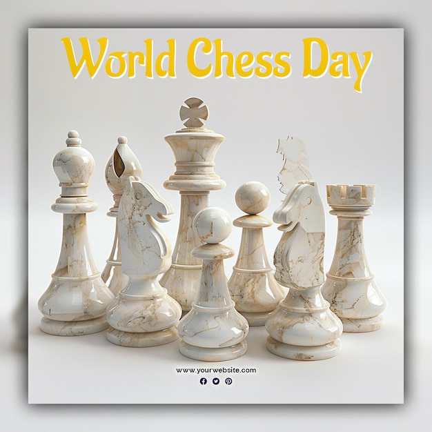 World chess day chess pieces king queen and knight chessboard gold aesthetic for social media post