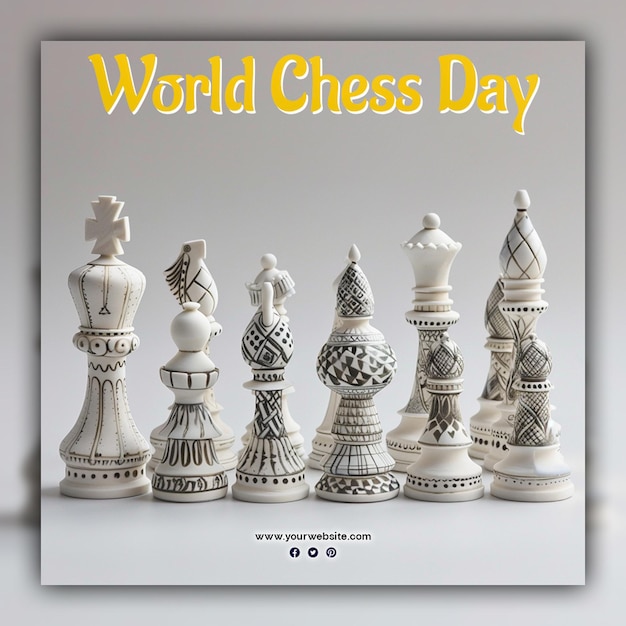 World chess day chess pieces king queen and knight chessboard gold aesthetic for social media post