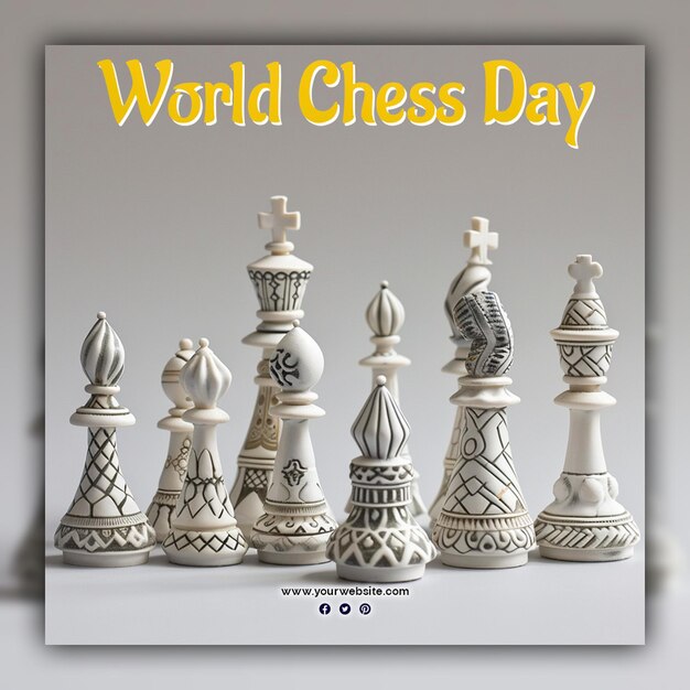 World chess day chess pieces king queen and knight chessboard gold aesthetic for social media post