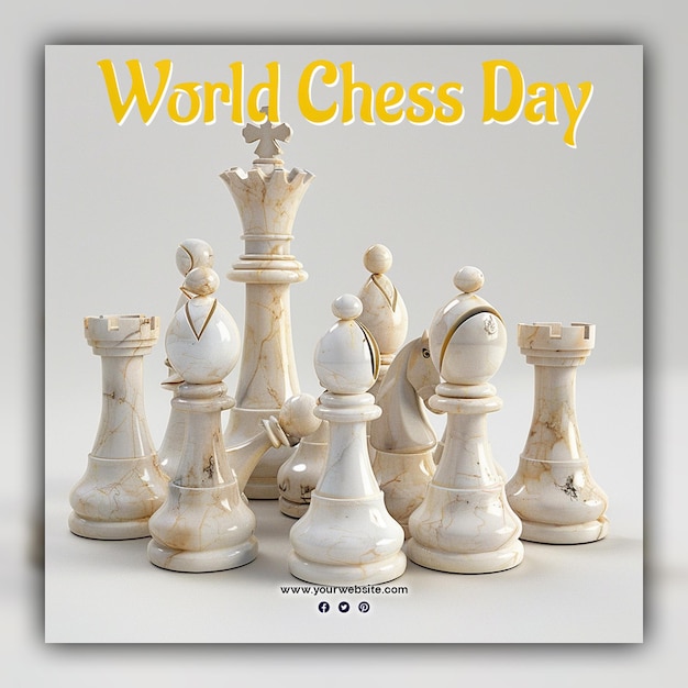 World chess day chess pieces king queen and knight chessboard gold aesthetic for social media post