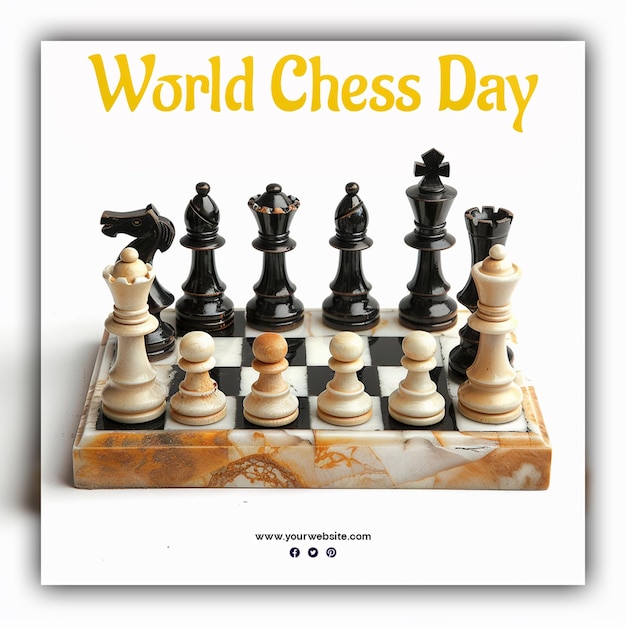 World chess day chess pieces king queen and knight chessboard gold aesthetic for social media post