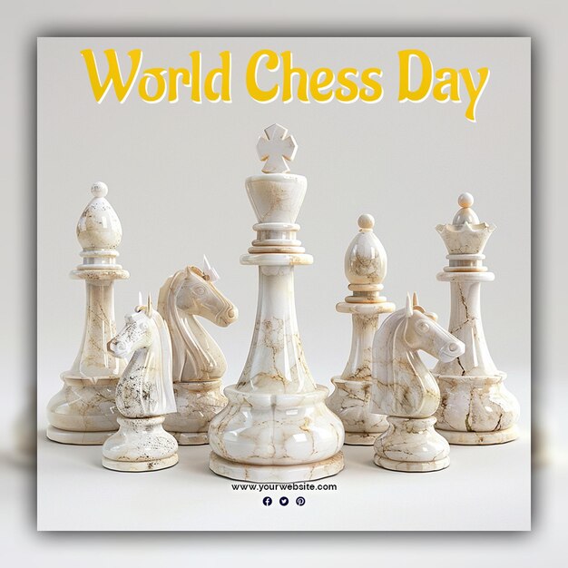 World chess day chess pieces king queen and knight chessboard gold aesthetic for social media post