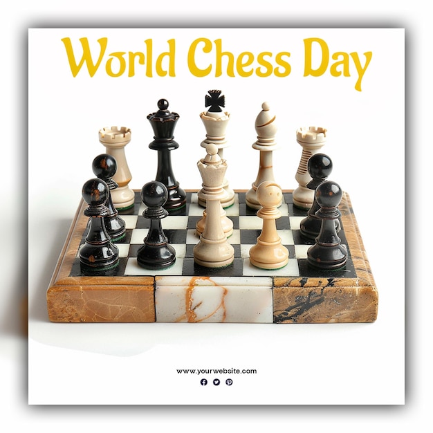 World chess day chess pieces king queen and knight chessboard gold aesthetic for social media post