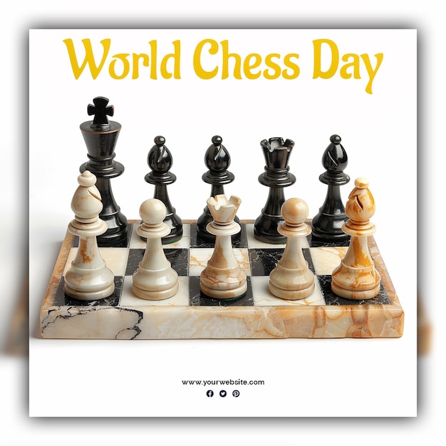 World chess day chess pieces king queen and knight chessboard gold aesthetic for social media post