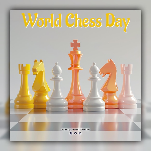 World chess day chess pieces king queen and knight chessboard gold aesthetic for social media post