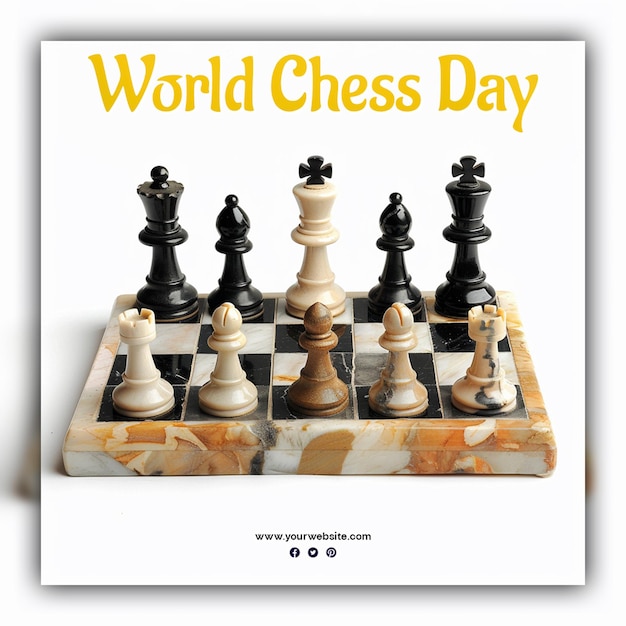 World chess day chess pieces king queen and knight chessboard gold aesthetic for social media post