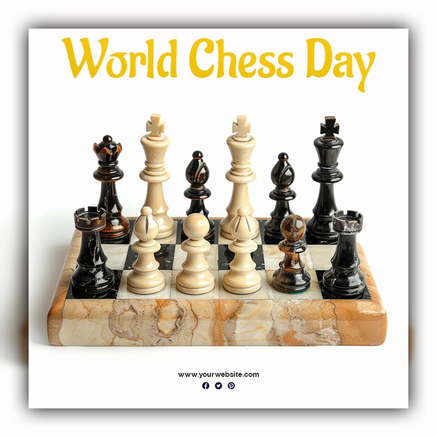 World chess day chess pieces king queen and knight chessboard gold aesthetic for social media post