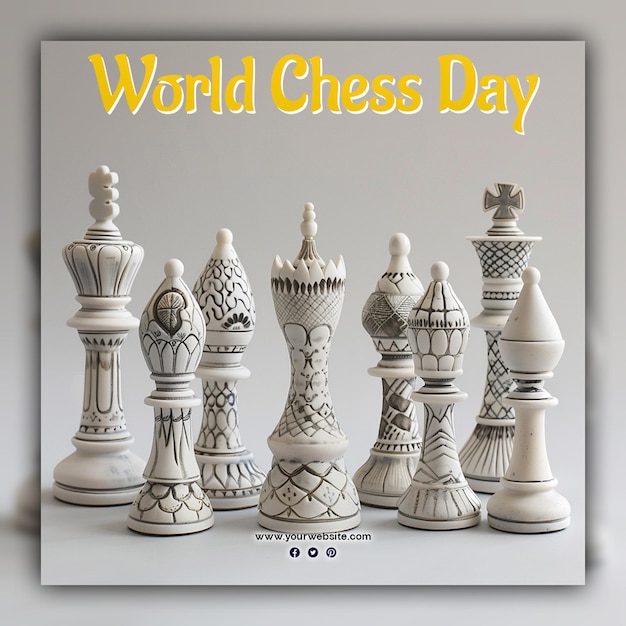 World chess day chess pieces king queen and knight chessboard gold aesthetic for social media post