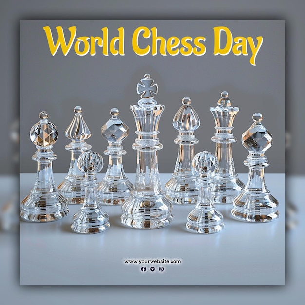 World chess day chess pieces king queen and knight chessboard gold aesthetic for social media post