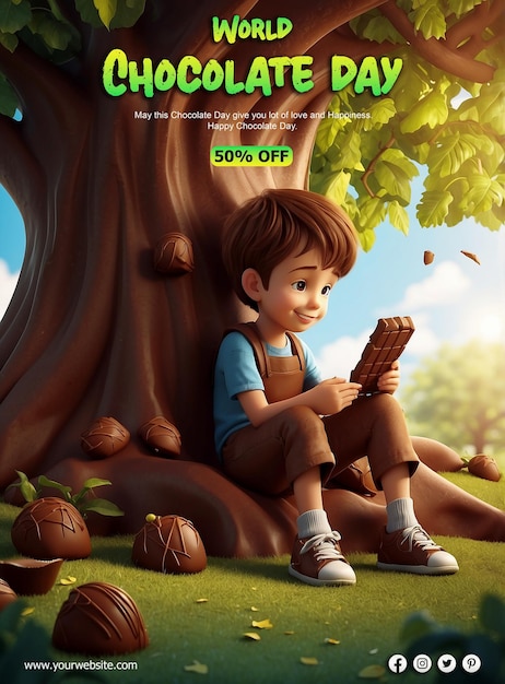 world chocolate day one cute boy eating chocolate sitting under a chocolate tree