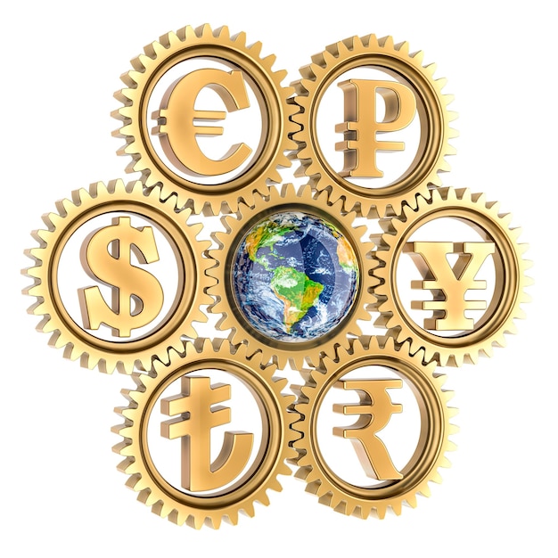 PSD world currency concept earth globe with currency gears around 3d rendering isolated on transparent background