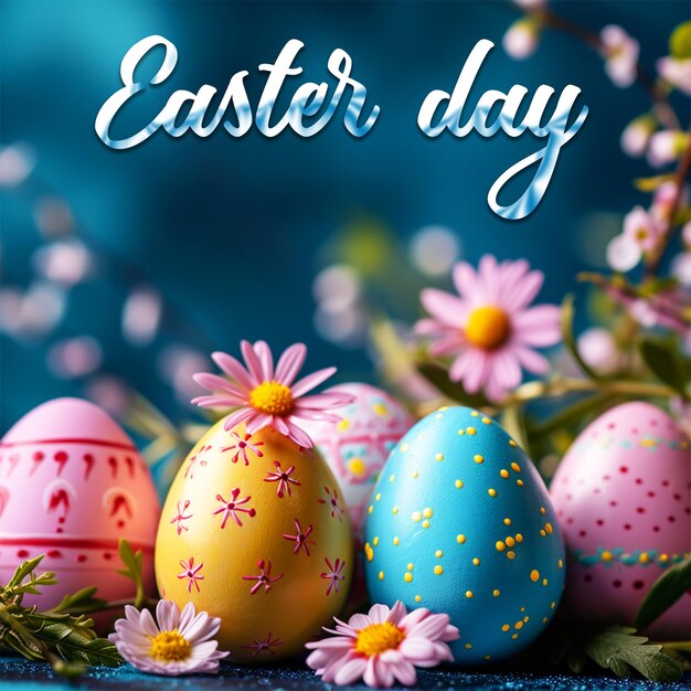 World easter day with color eggs and flower background