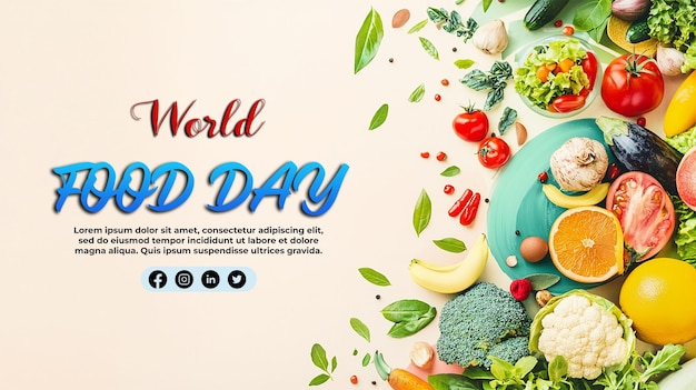 PSD world food day on october 16th with meals fruits and vegetable illustrations on isolated background