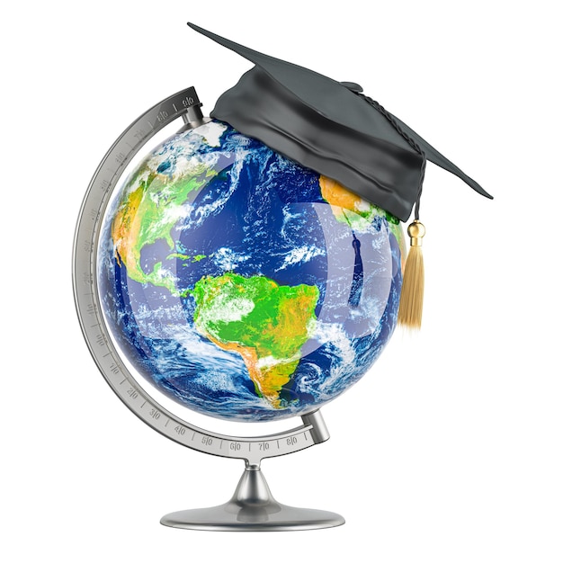 PSD world globe with graduate cap global education concept 3d rendering isolated on transparent background