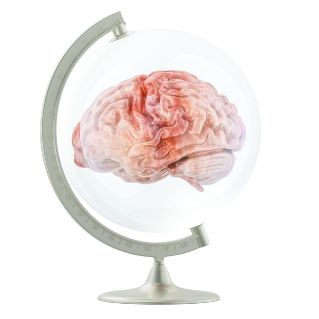 PSD world globe with human brain inside 3d rendering isolated on transparent background