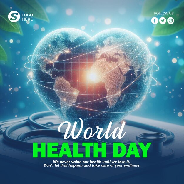 world health day background and poster with a heart shaped globe and a stethoscope