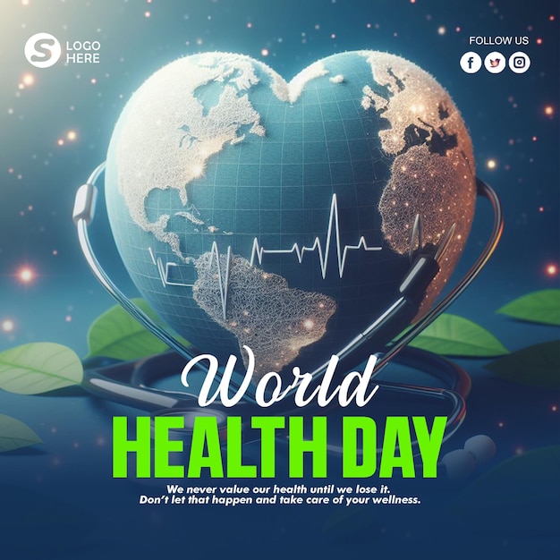 world health day background and poster with a heart shaped globe and a stethoscope