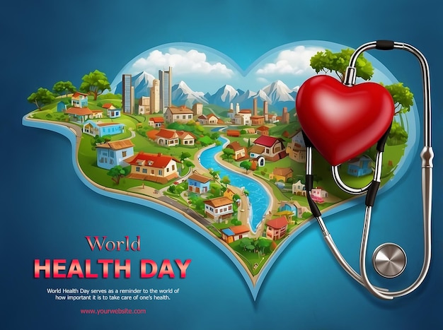 World Health Day beautiful 3d heart world with Stethoscope and vector village