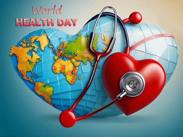 World Health Day beautiful 3d heart world with Stethoscope and vector village