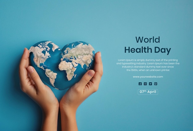 World Health Day concept hand with heart shape world globe on blue background