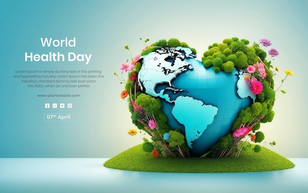 World Health Day concept heart shape world globe with blooming nature on blue background