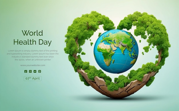 World Health Day concept heart shape world globe with blooming nature on green background