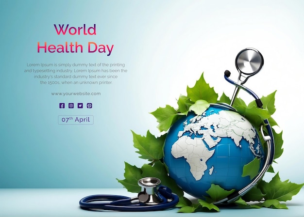 World Health Day concept leaves decoration world globe with a stethoscope on light blue background