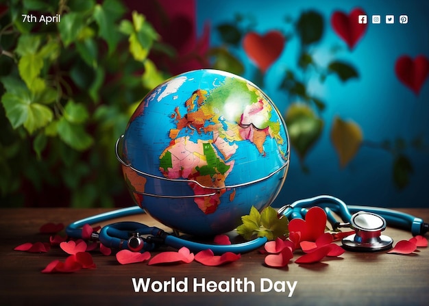 World Health Day concept leaves decoration world globe with stethoscope