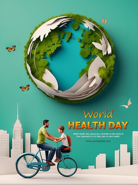 World Health Day vector world Dad and son enjoy riding bikes