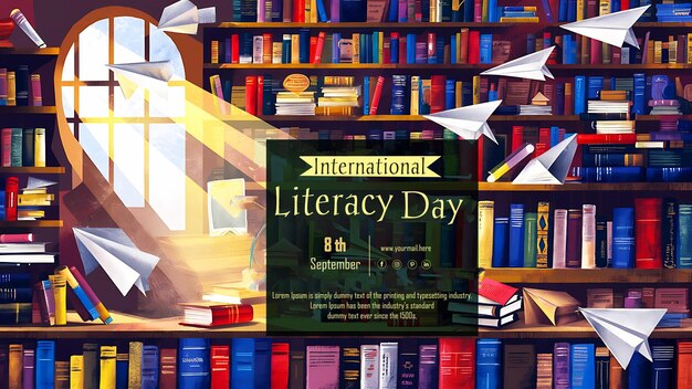 PSD world literature day banner with bookshelf on background