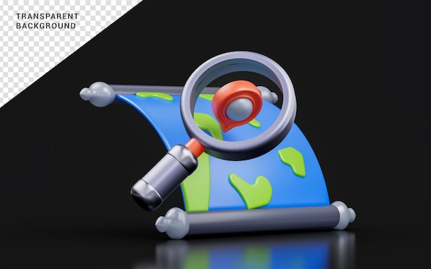 world map location with magnify glass sign on dark background 3d render concept for finding place