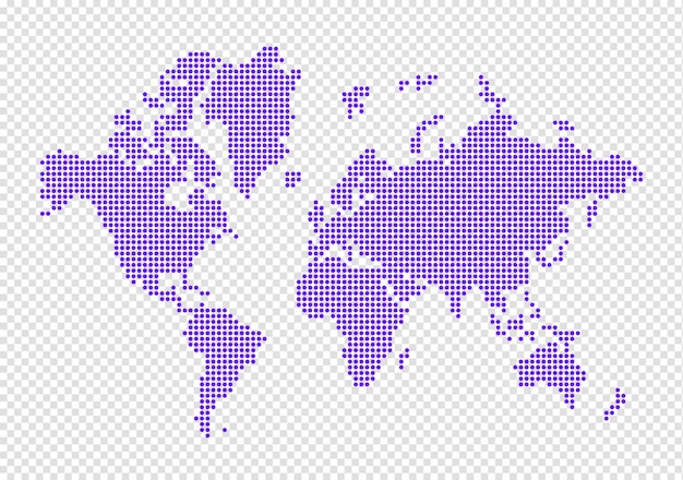 PSD world map made of purple dots isolated on transparent background