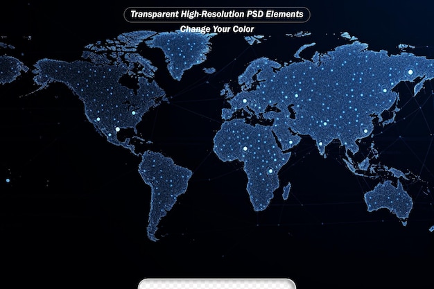 PSD world map on a technological background glowing lines symbols of the internet