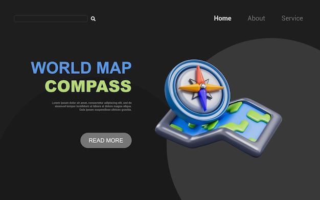 world map with compass sign on dark background 3d render concept for discover new location