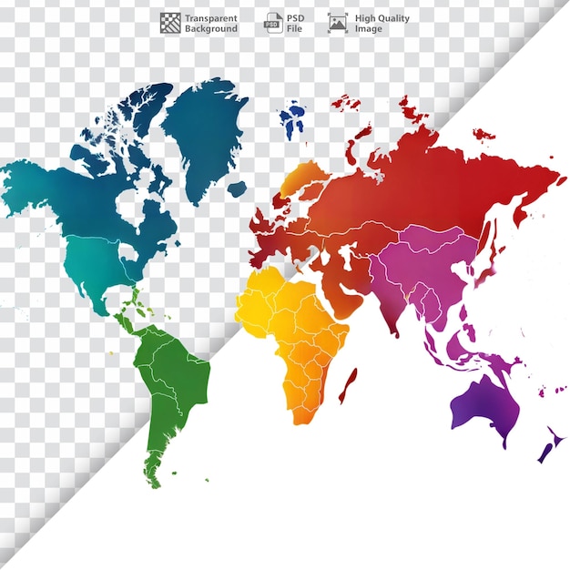 PSD world map with different regions highlighted in various colors