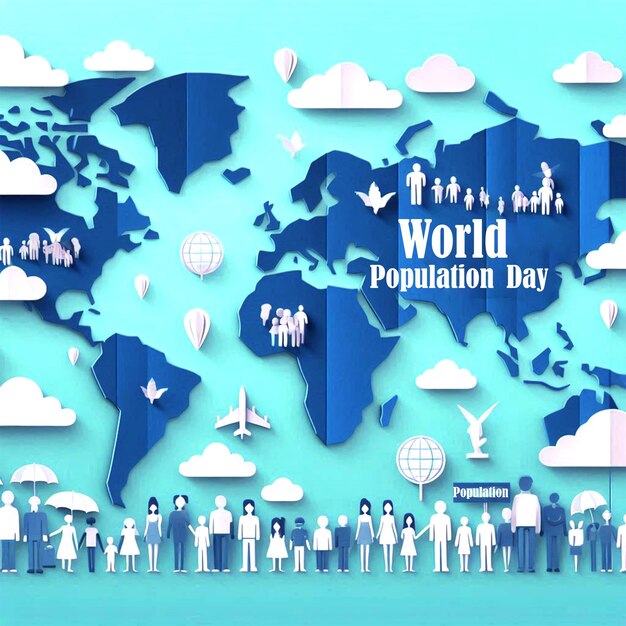 PSD a world map with people around it and the words world in blue