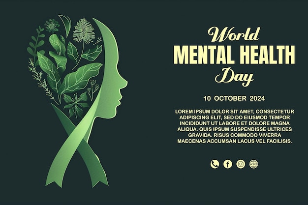 PSD world mental health day awareness poster with human brain and green leaves